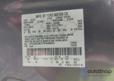 2007 Ford Ranger Fx4 Off-Road/Sport/Xl/Xlt из США, поврежденный, VIN 1FTZR15E17PA44503